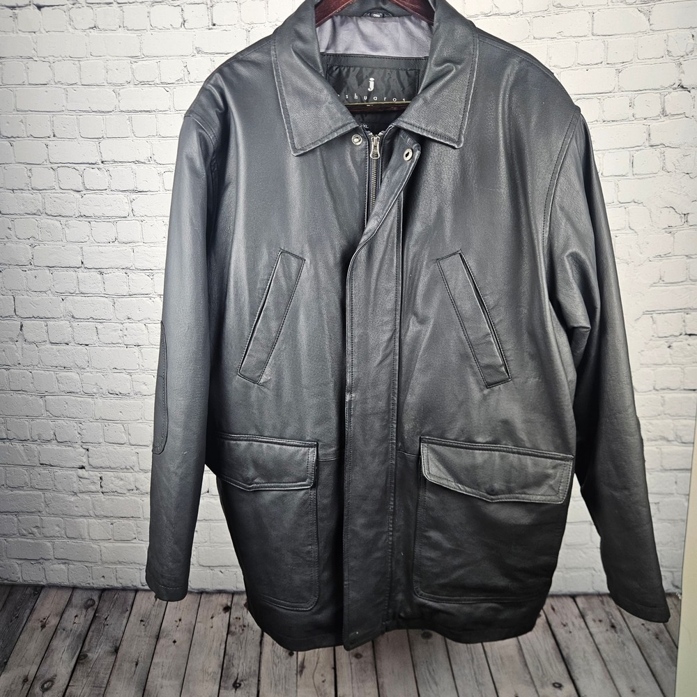 Joshua Ross Mens Black Leather Jacket XL Full Zip Snap Front Coat Elbow Patches